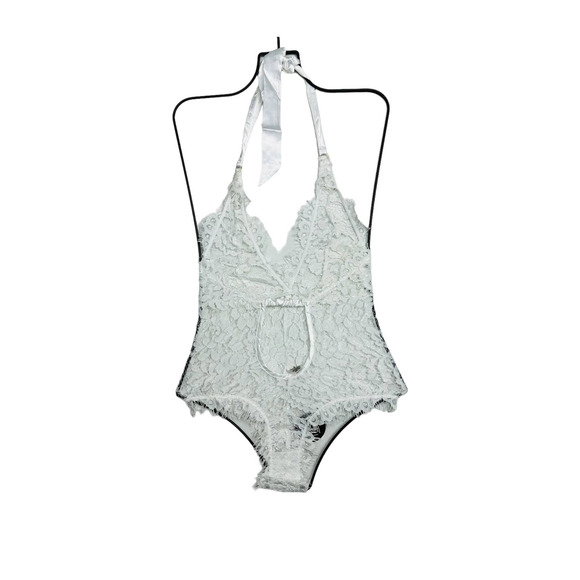 Lulus NWT Unforgettable Romance Sheer Lace Halter Thong Bodysuit White Size XS - Picture 7 of 11
